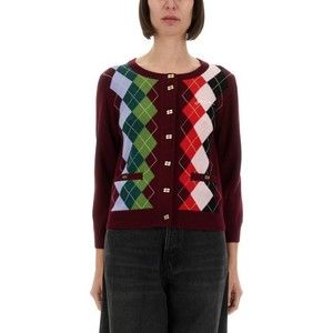 Ganni Burgundy Argyle Cardigan With Three-Quarter Sleeves - NWT